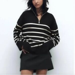 Zara Black & Cream Striped Half Zip Sweater Size M